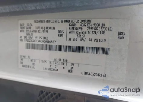 2016 Ford Transit-350 Xl из США, поврежденный, VIN 1FDZX2CG4GKA84857